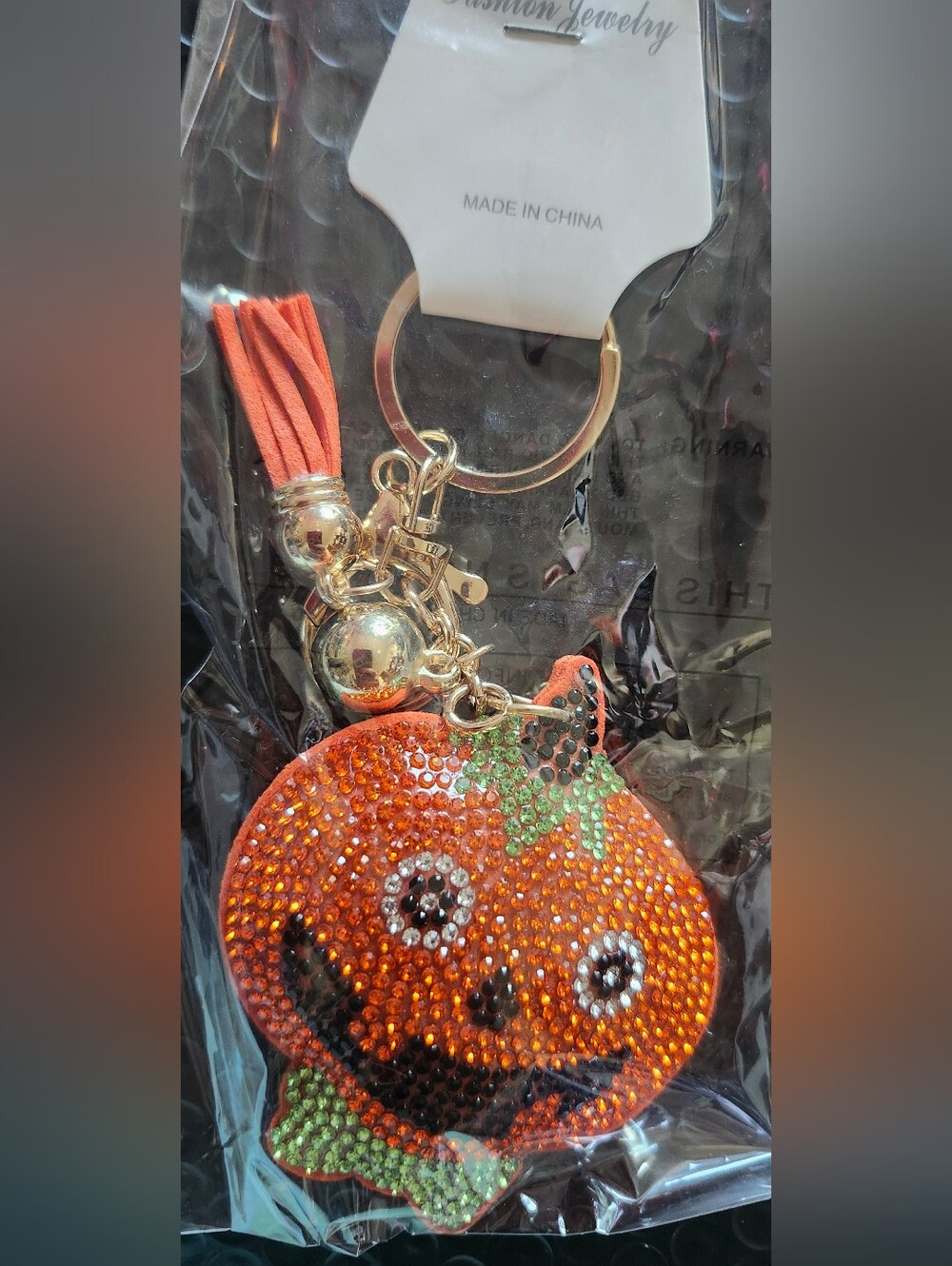 Orange Pumpkin Crystal Bagcharm Keychain with Tassel